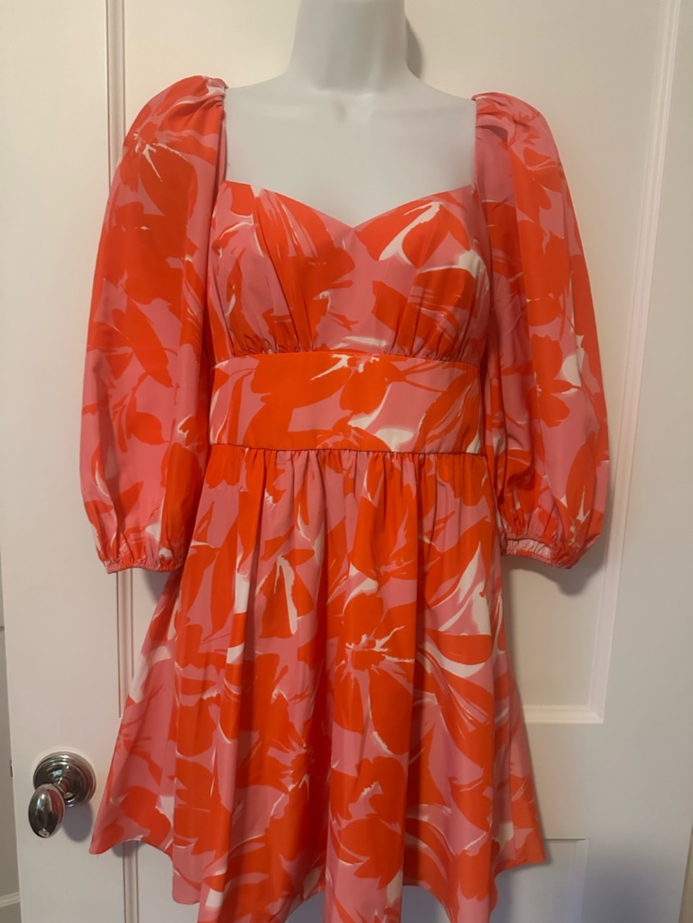 Monique Lhuillier Pink & Orange Floral Puff-Sleeve Mini
